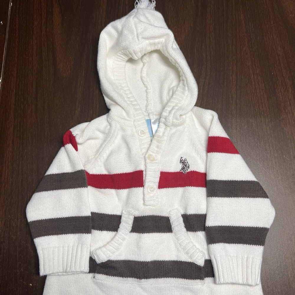 Vtg U.S. Polo Assn Baby Hooded Knit Romper Ivory Gray Red Striped 6–9 Mo *Flaws